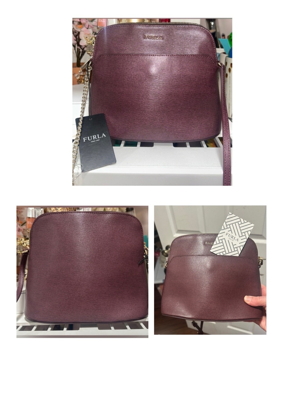 Furla Atena Small Dome Crossbody Saffiano Leather in Plum. NWT. COA Included.